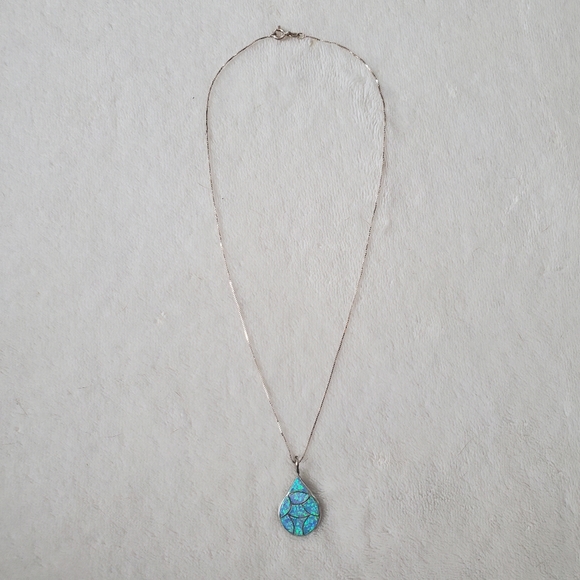 Native American Inspired Blue Opal Teardrop Pendant Necklace - Picture 2 of 3
